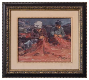 Post Impressionist Study, Fishermen Repairing Nets, 20th-Century, Oil on Board, Framed