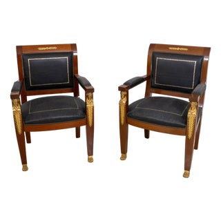 Pair of Mahogany & Leather French Empire Armchairs For Sale