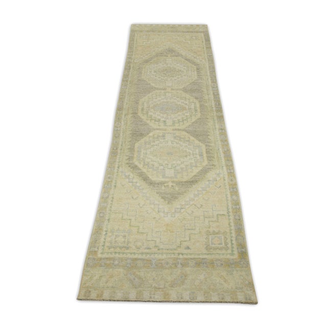 Early 21st Century Early 21st Century Cream Geometric Design Handwoven Wool Turkish Oushak Rug 2'11" X 10'8" For Sale - Image 5 of 7