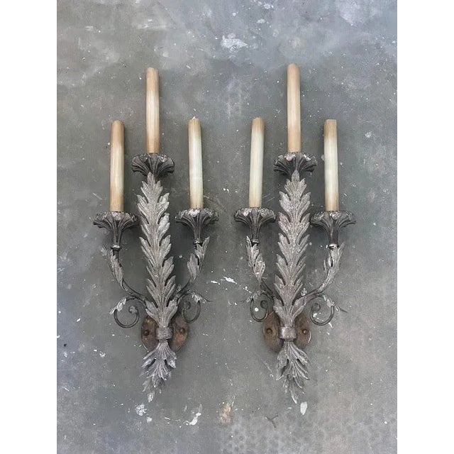 Metal Mid 20th Century Fine Art Silver 3-Light Wall Sconces - a Pair For Sale - Image 7 of 8