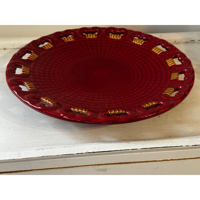 Mid-Century Modern Large Model No. 4162 Openwork Platter in Ruby ​​Red Glazed Earthenware with Gilt Highlights Blanche Letalle for Saint-Clément, 1950s For Sale - Image 3 of 9