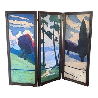Vintage Large Art Nouveau Landscape Paintings Mounted in a Room Divider For Sale