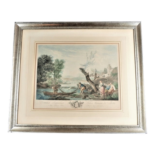 Antique 1700’s French Harbor Fishing Scene Hand Tinted Print of Etching by Joseph Vernet, Framed For Sale