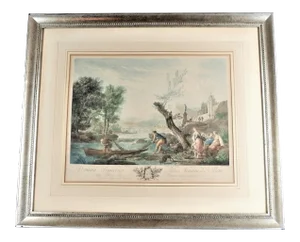 Antique 1700’s French Harbor Fishing Scene Hand Tinted Print of Etching by Joseph Vernet, Framed