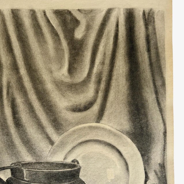 Vintage Realist Still Life With Plate and Kettle by Anthony Ferrara, Signed (1946, Charcoal on Paper) For Sale - Image 4 of 4