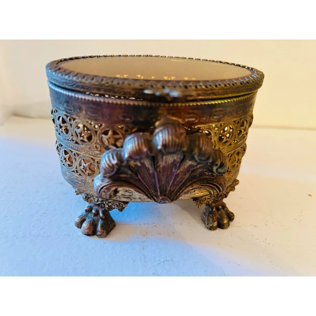 Hollywood Regency Vintage Gold Filigree and Glass Box For Sale - Image 3 of 7