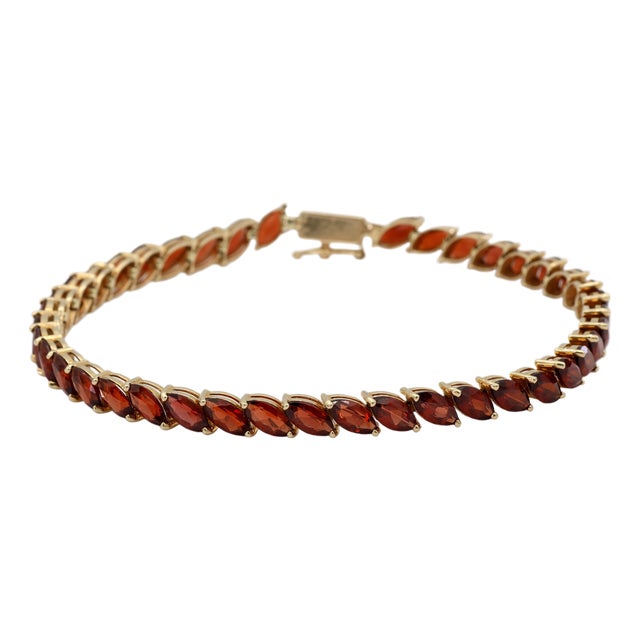 Vintage 14k 585 Solid Yellow Gold Red Garnet Marquise Cut Tennis Bracelet For Sale