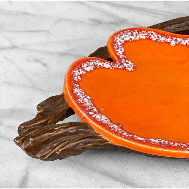 Mid-Century Atomic Porcelain Orange Wood Centerpiece Serving Platter For Sale - Image 6 of 10