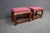 Pair of Ethan Allen upholstered footstools featuring a rich cherry-toned wood frame and burgundy patterned upholstery with...