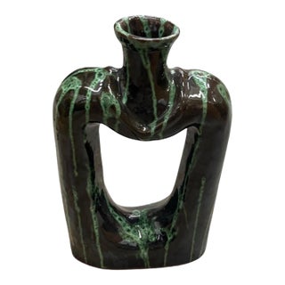 Vintage Mid-Century Modern Sculptural Drip Glaze Vase – Dark Brown & Emerald Green Cutout Vessel For Sale