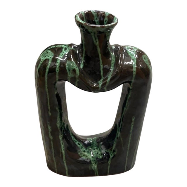 Vintage Mid-Century Modern Sculptural Drip Glaze Vase – Dark Brown & Emerald Green Cutout Vessel For Sale