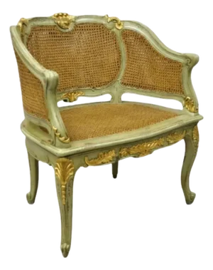 Early 20th Century Antique French Louis XV Style Green Distressed Gold Gilt Cane Bergere Armchair