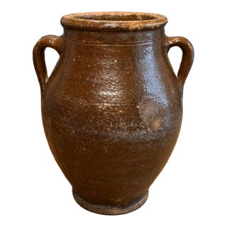 Rustic European Glazed Double Handle Brown Terra Cotta Vase For Sale