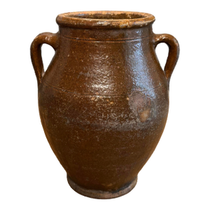 Vintage Rustic European Glazed Double Handle Terra Cotta Chocolate Brown Vase