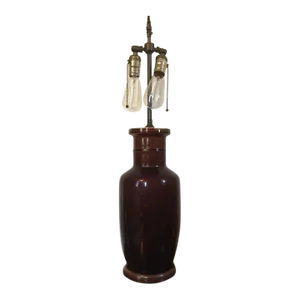 Early 20th Century Antique Chinese Brown Porcelain Rouleau Shape Vase Table Lamp