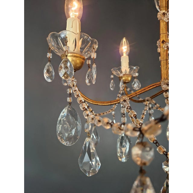 Gilded Iron and Crystal Chandelier Italian Louis XVI Style Antique Neoclassical For Sale - Image 13 of 14