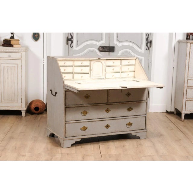 Light Gray 1790s Scandinavian Slant Front Desk with Carved Panel and Four Drawers For Sale - Image 8 of 12