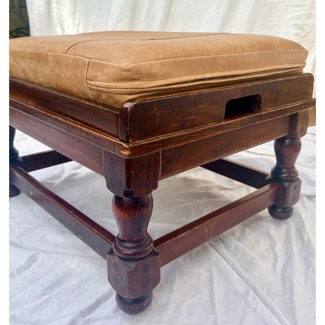 American Ethan Allan Heirloom Collection Leather and Solid Wood in Nutmeg Finish Footstool For Sale - Image 3 of 13