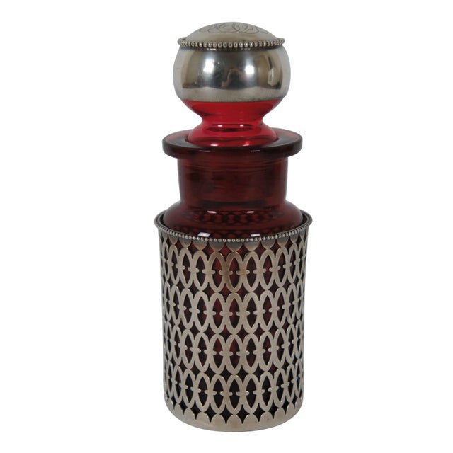 Traditional Antique American Sterling Silver & Cranberry Glass 114 Perfume Vanity Bottle 58g For Sale - Image 3 of 12