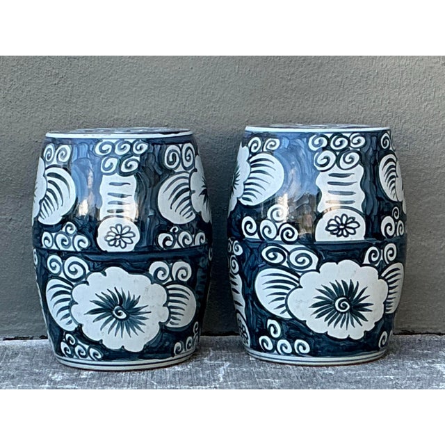 Vintage Glazed Ceramic Floral Garden Stools - A Pair For Sale - Image 10 of 12