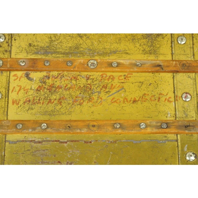 Early 1900s Antique Victorian Brass Clad Wooden Band Train Trunk Storage Treasure Chest For Sale - Image 4 of 11