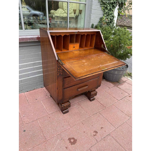 Striking 1920s English Art Deco Oak Slant-Front Writing Desk For Sale - Image 4 of 11