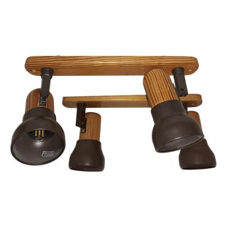 Vintage Spotlight Strips with Pine Wood and Brown Metal Reflector from Hustadt-Leuchten, 1980s, Set of 2 For Sale