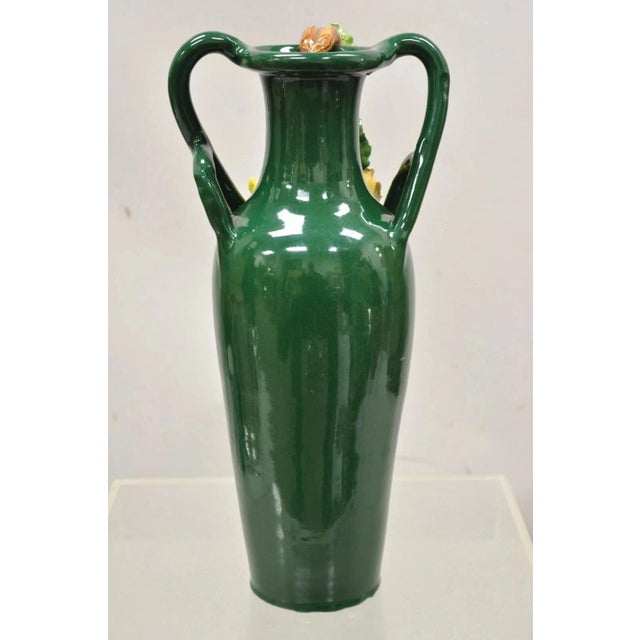 Vintage Victorian Green Porcelain Ceramic 18" Vase W/ Pink & Yellow Flowers For Sale - Image 11 of 12