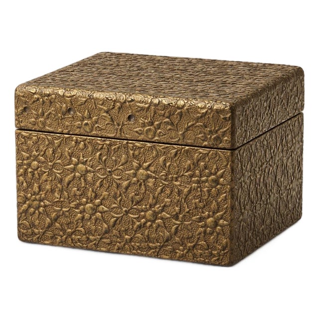 Vintage Embossed Brass Over Wood Trinket Box – Floral Repoussé Hinged Jewelry / Keepsake Box, India For Sale