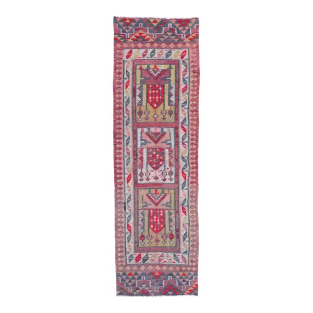 1970s Vintage Turkish Oushak Handmade Wool Cotton Pink Runner Rug For Sale