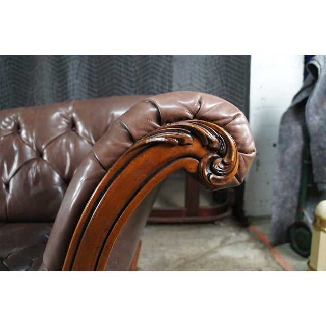 Brown Late 20th Century Baker Furniture Stately Homes Tufted Brown Leather & Walnut Chatsworth Sofa For Sale - Image 8 of 15