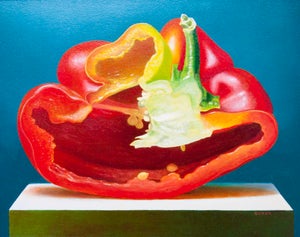 Red Bell II by Thane Gorek | Oil on board Still life of a sliced red bell pepper