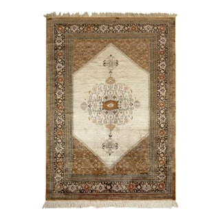 Hand-Knotted Vintage Persian Qum Rug in Beige-Brown Medallion Pattern For Sale