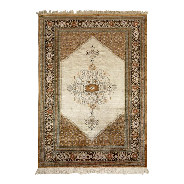 Hand-Knotted Vintage Persian Qum Rug in Beige-Brown Medallion Pattern For Sale