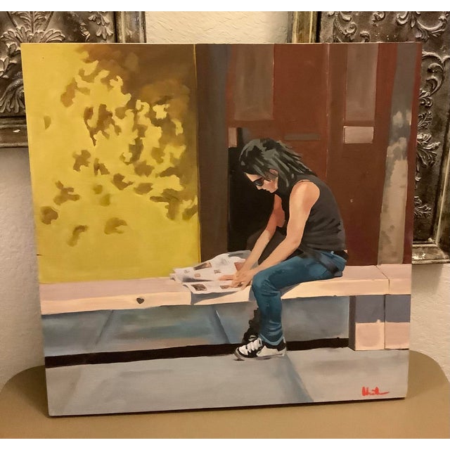 Early 21st Century Modern Realism Lady Reading Newspaper Painting on Board For Sale - Image 5 of 7