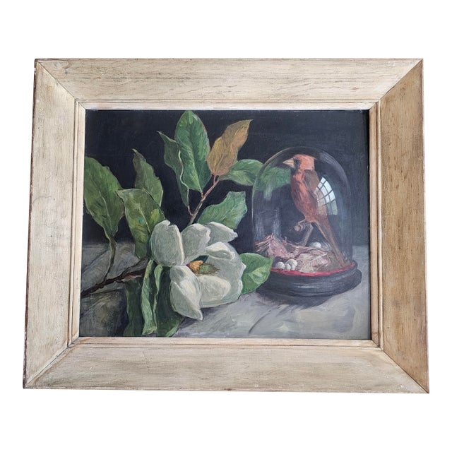 Mid 20th Century Virginia Woolley Original Oil Painting Cardinal Under Glass With Magnolia Framed For Sale
