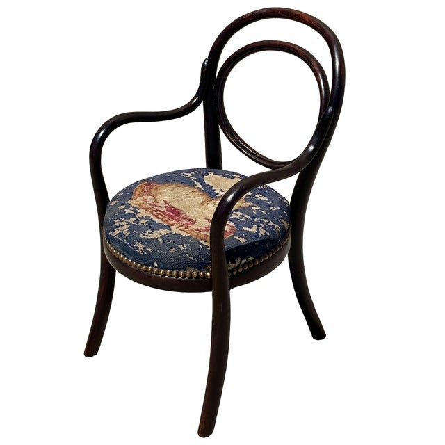 Victorian Vienna Secession Bent Oak Armchair W/ Cat Needlepoint Seat by Thonet No.010 For Sale - Image 3 of 8