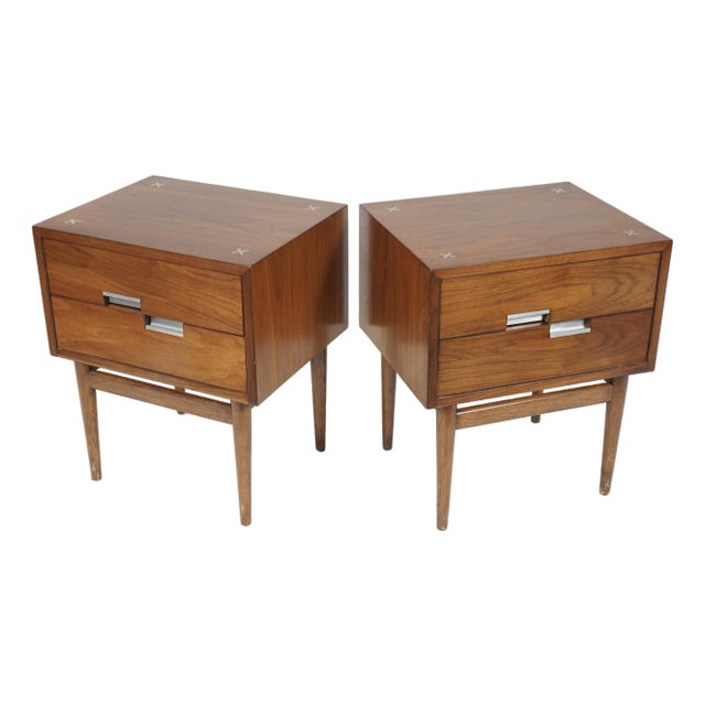 1960s Merton Gershun for American of Martinsville Mid Century X Inlay Walnut Nightstands Set of 2 For Sale