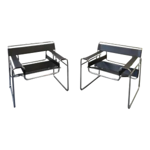 Pair Marcel Breuer Chrome Metal and Leather Wassily Style Lounge Chairs