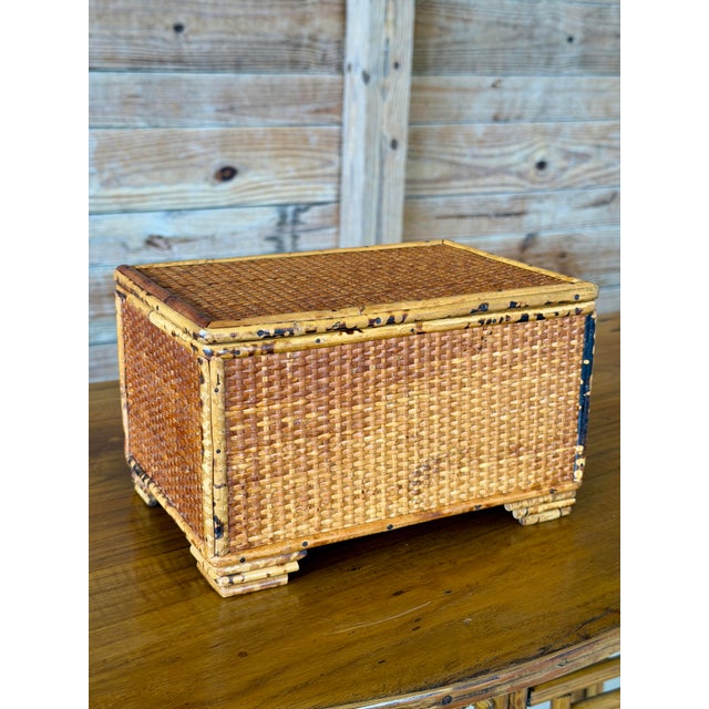 Vintage Tortoiseshell Bamboo & Woven Rattan Lidded Storage Box For Sale - Image 10 of 12