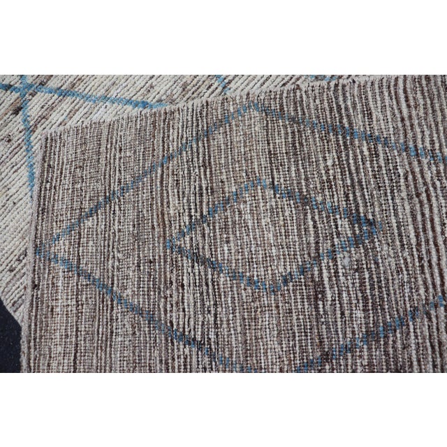 Modern Tribal Runner in Wool With Sub-Geometric Diamond Design in Cream and Blue 3'6 X 15'9 For Sale - Image 11 of 11