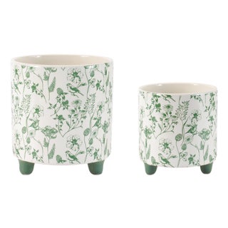 Botanical Bird Print Dolomite Planter (Set of 2) For Sale