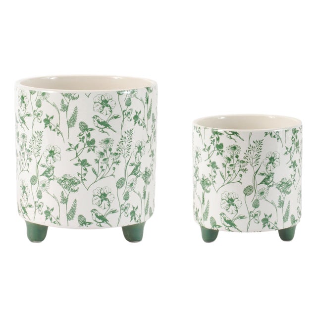 Botanical Bird Print Dolomite Planter (Set of 2) For Sale