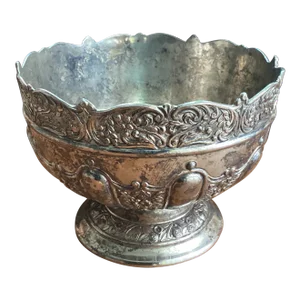 Vintage Repousse Silver Plate Round Footed Pedestal Bowl Victorian Style Japan