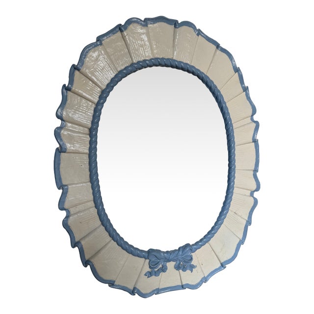 Vintage Painted Ruffled Oval Mirror With Bow For Sale