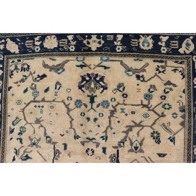 Vintage Turkish Oushak Rug With Vining Florals in Cream and Sapphire Blue For Sale In Atlanta - Image 6 of 15