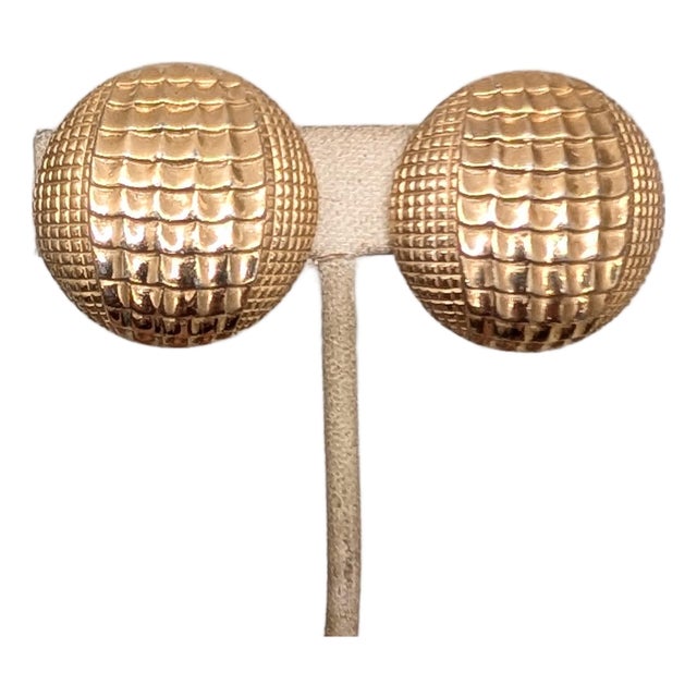 Vintage 1955 Signed Castlecliff Round Goldtone "Alligator" Texture Clip Earrings-2 Pieces For Sale