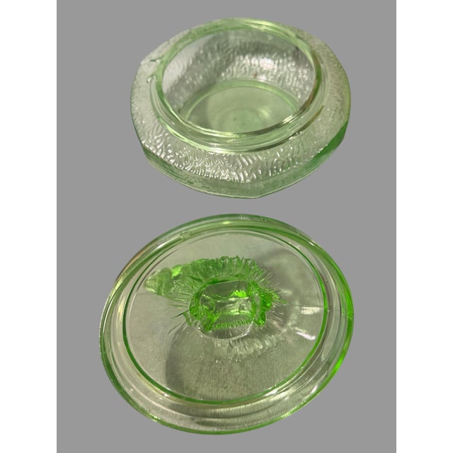 Vintage Uranium Vaseline Art Glass Covered Powder Jar Dish W Figural Elephants For Sale - Image 4 of 7