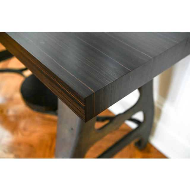 Industrial Trestle Console Table With Macassar Ebony Top and Antique Lathe Base For Sale In Washington DC - Image 6 of 11