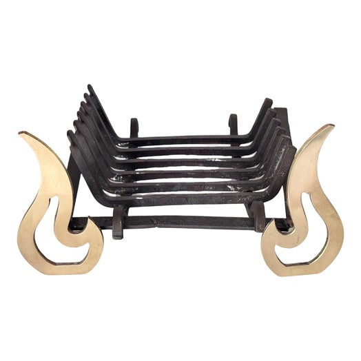 Modernist Wrought Iron and Brass Fire Andiron, 1960s For Sale
